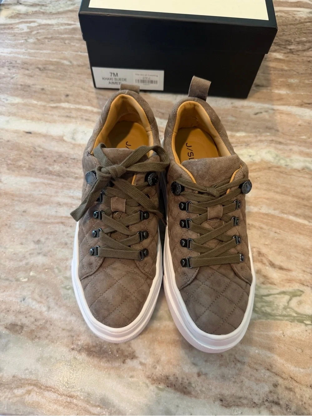 J/SLIDES Women’s Quilted Suede Sneakers in Brown, size 7